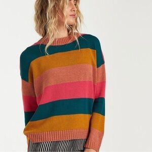 Billabong Striped Crewneck Sweater in Teal, Pink & Mustard